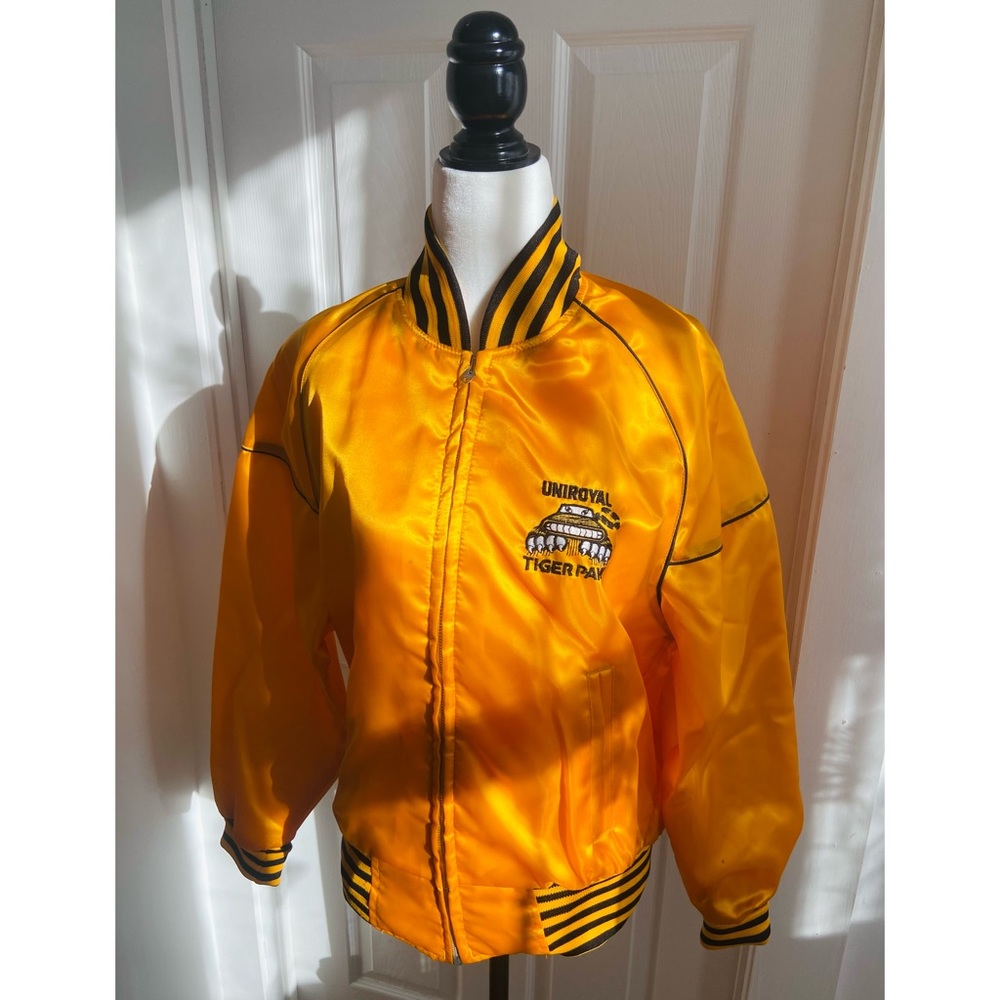 RARE 60s Avon Sportswear MFG Yellow Satin Uniroyal Tiger Paw Racing Bomber